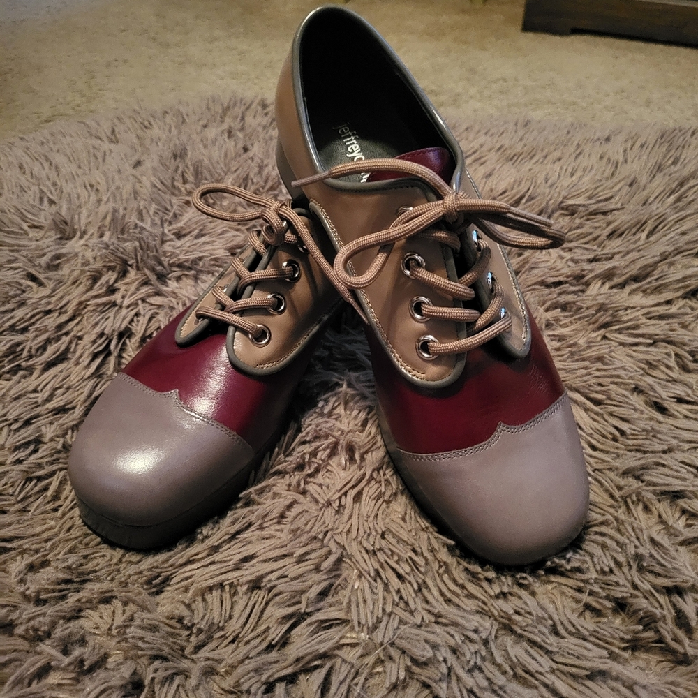Jeffrey Campbell School Platform Leather Lace Up Oxfords Tan Burgundy Size 10